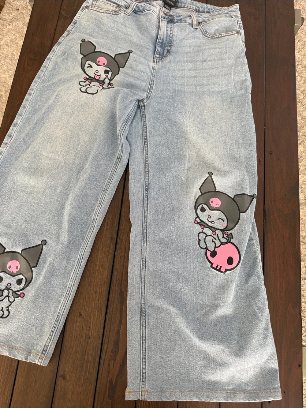 Sanrio Light Blue Wide-Leg Jeans with Pink & Black Character Prints